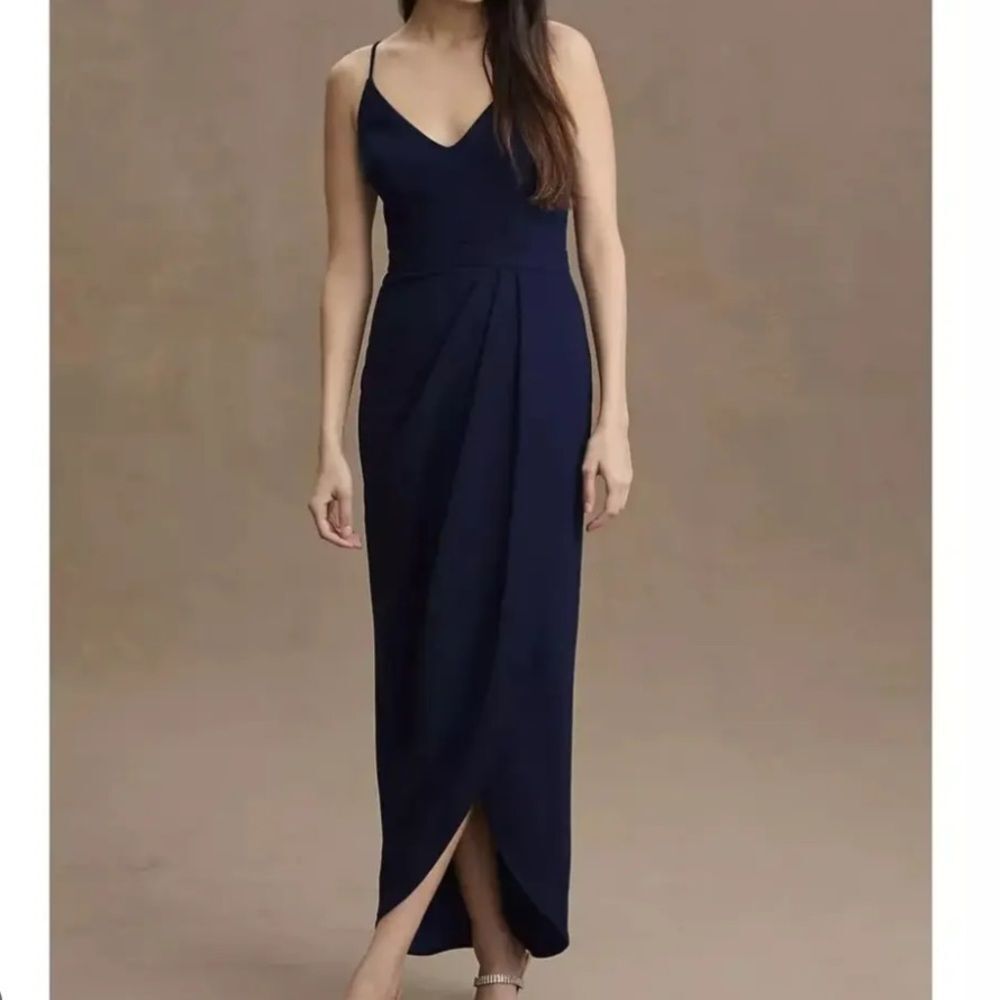 BHLDN Anthropologie Lyra V Neck Navy Blue Midi Dress Wedding Bridesmaid Formal